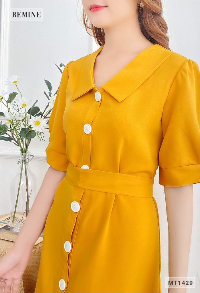 M1429VANG - Đầm vàng sơ mi cột eo
