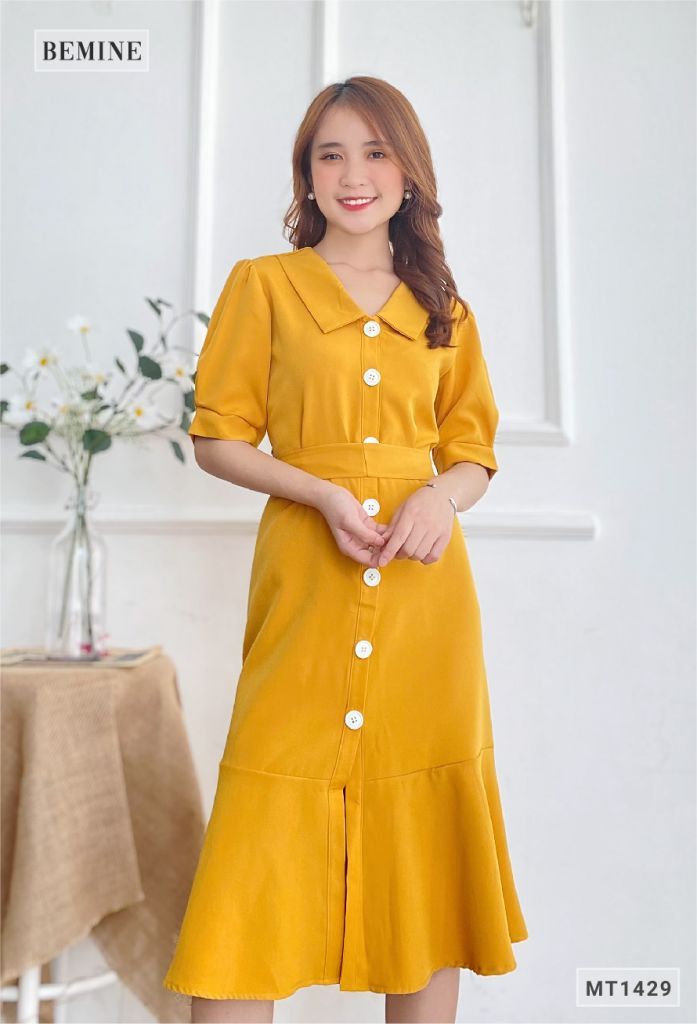 M1429VANG - Đầm vàng sơ mi cột eo