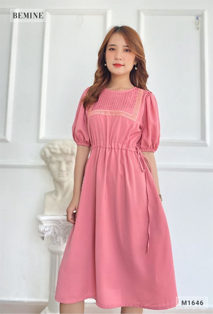 M1646HONG - Đầm chun eo xếp ly ngực