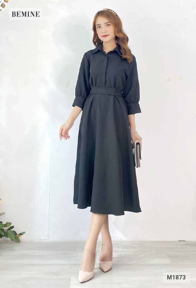 M1873DEN - Đầm sơ mi tay lửng cột eo