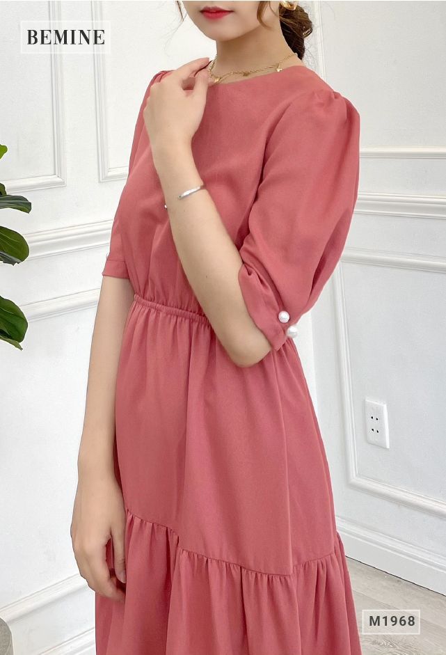 M1968HONG - Đầm cổ tròn xếp 3 tầng
