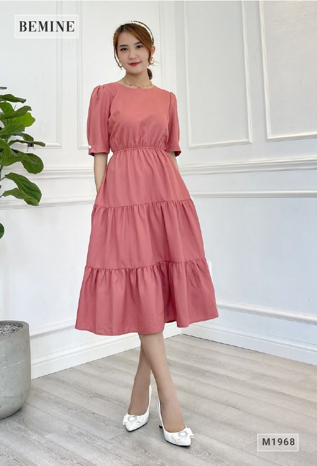 M1968HONG - Đầm cổ tròn xếp 3 tầng