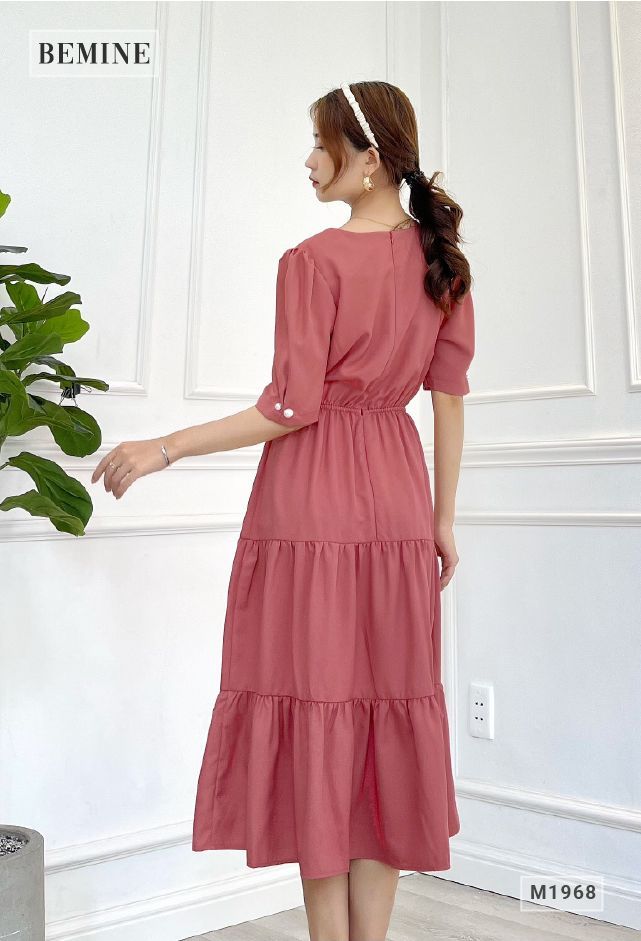 M1968HONG - Đầm cổ tròn xếp 3 tầng