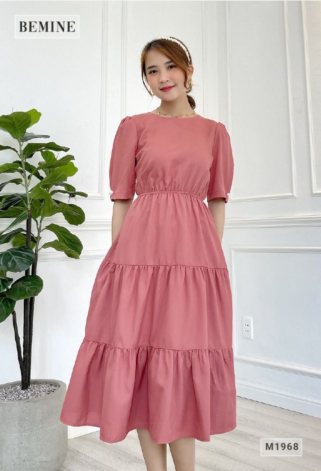 M1968HONG - Đầm cổ tròn xếp 3 tầng