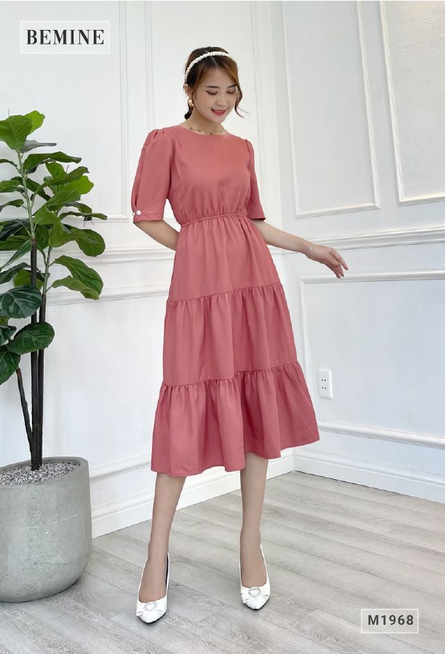 M1968HONG - Đầm cổ tròn xếp 3 tầng