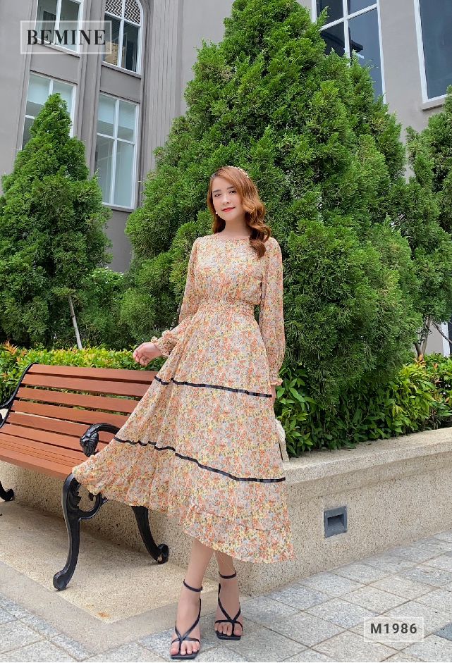 M1986CAM - Đầm xòe tay lỡ phối ren