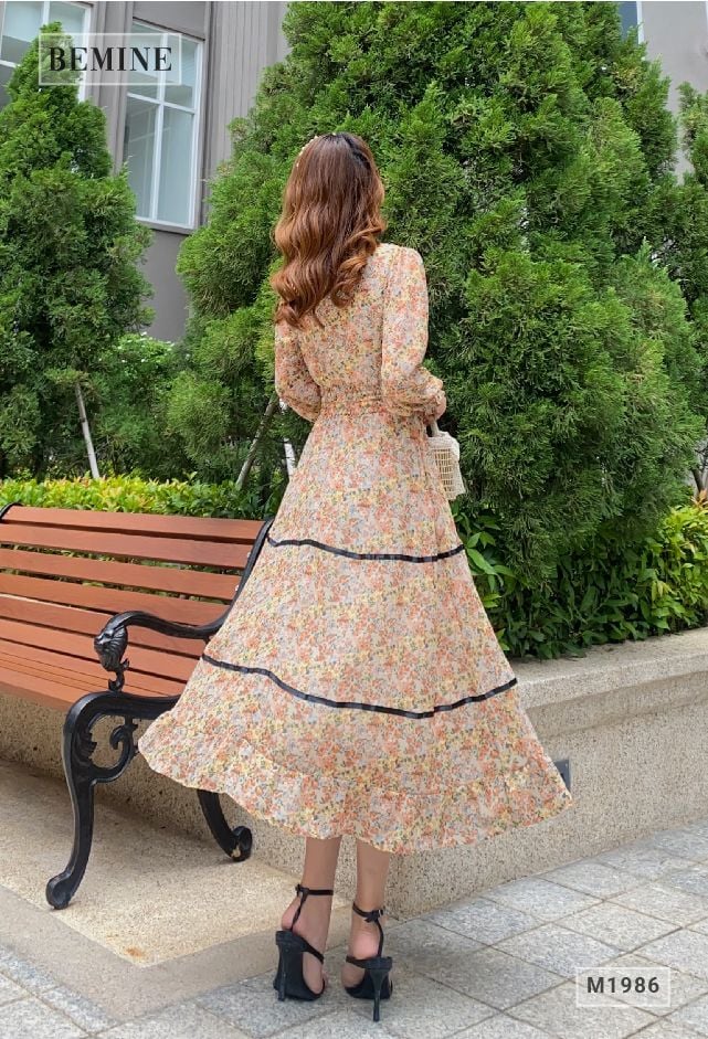 M1986CAM - Đầm xòe tay lỡ phối ren