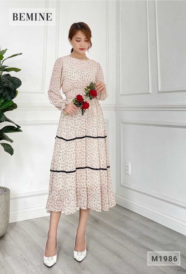 M1986TRANG - Đầm xòe tay lỡ phối ren