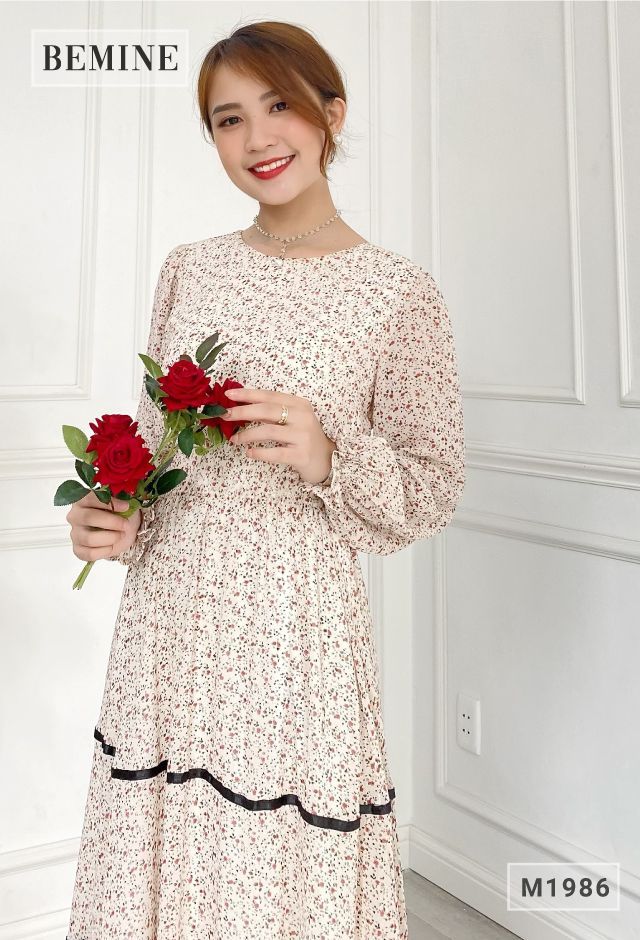 M1986TRANG - Đầm xòe tay lỡ phối ren