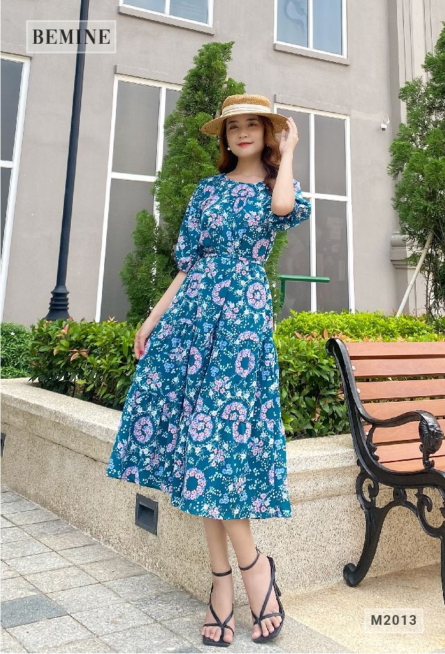 M2013XANHLA - Đầm hoa tay lửng maxi