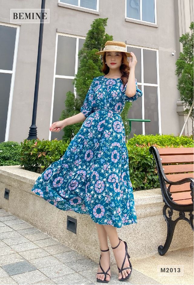 M2013XANHLA - Đầm hoa tay lửng maxi