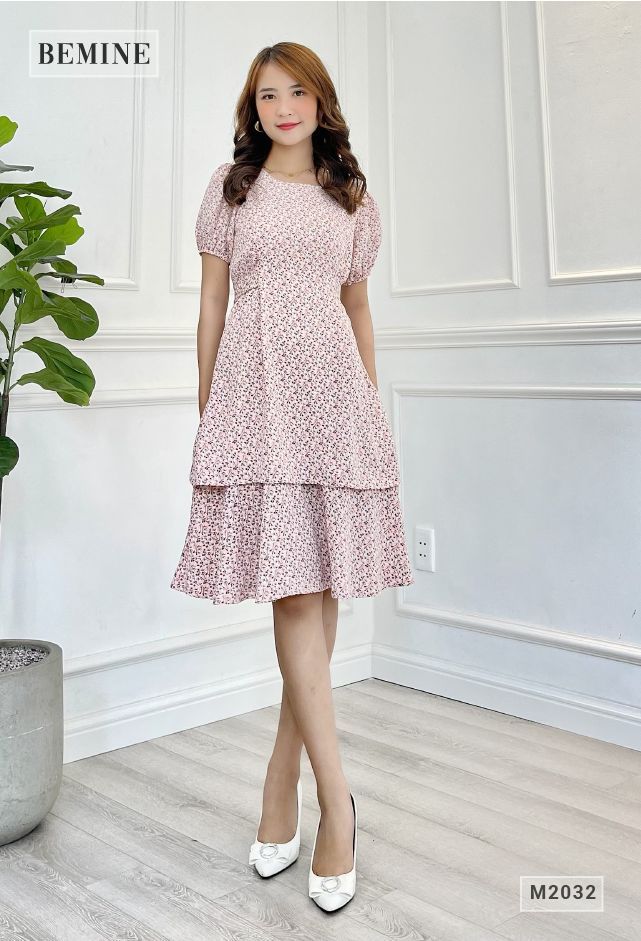 M2032HONG - Đầm hoa 2 tầng cột dây eo
