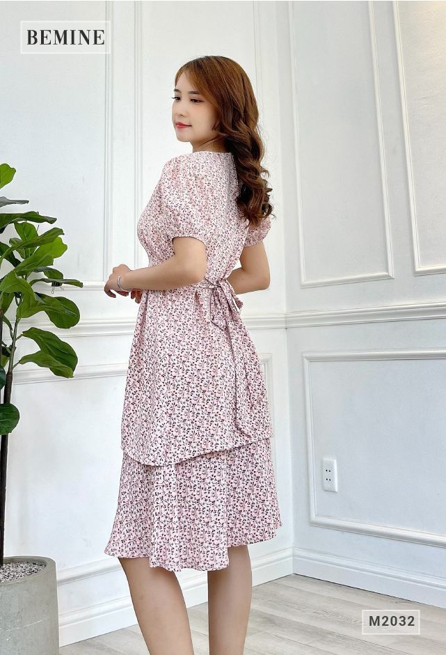 M2032HONG - Đầm hoa 2 tầng cột dây eo