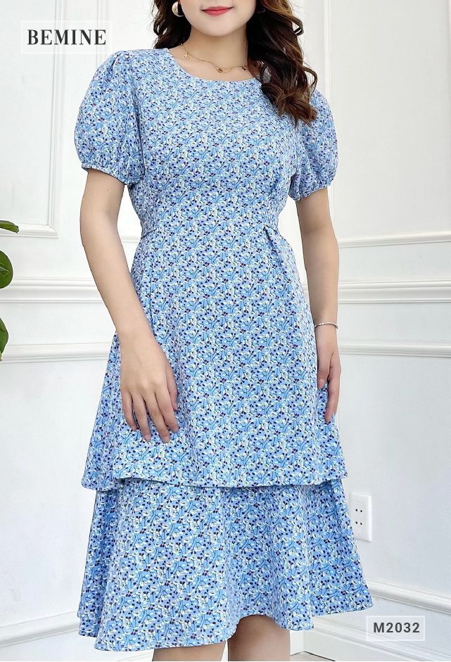 M2032XANH - Đầm hoa 2 tầng cột dây eo