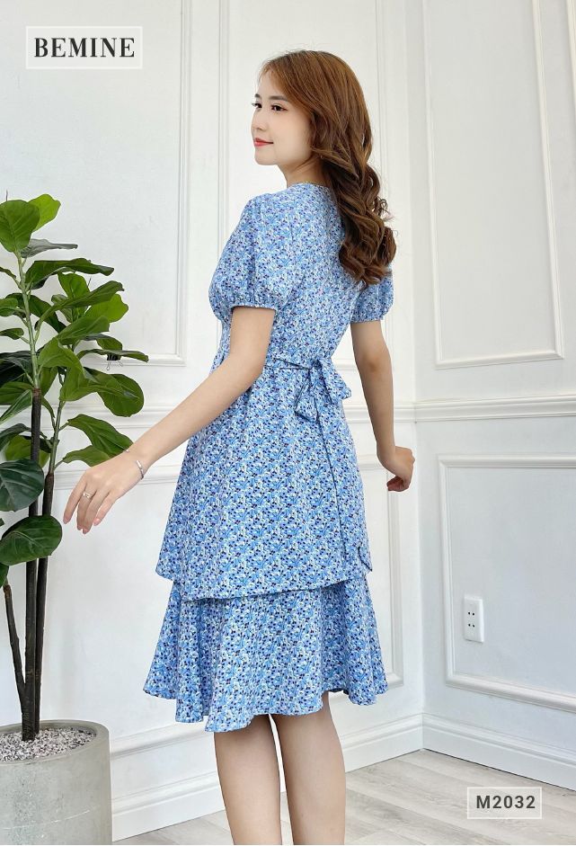 M2032XANH - Đầm hoa 2 tầng cột dây eo