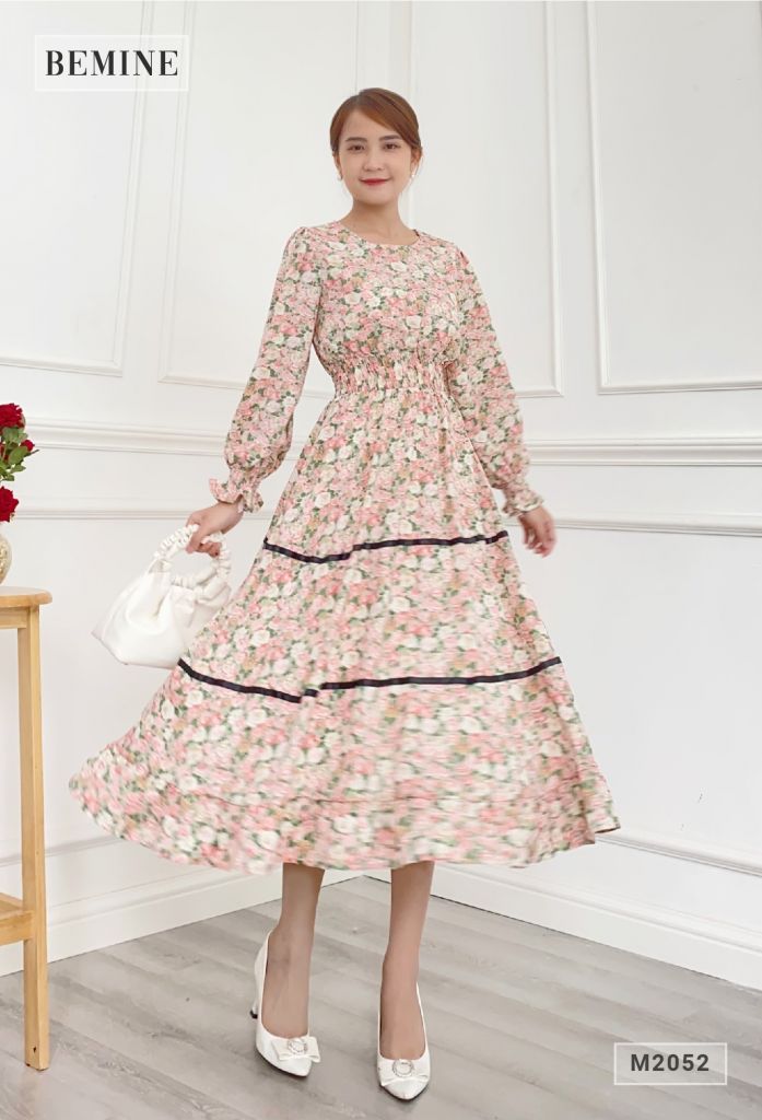 M2052HONG - Đầm xòe tay lỡ phối ren