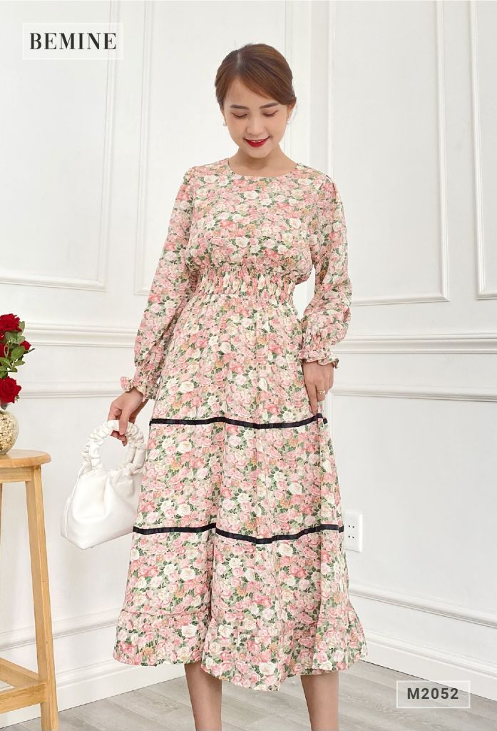 M2052HONG - Đầm xòe tay lỡ phối ren