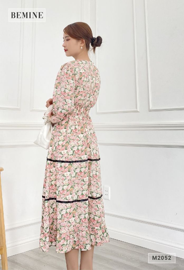 M2052HONG - Đầm xòe tay lỡ phối ren