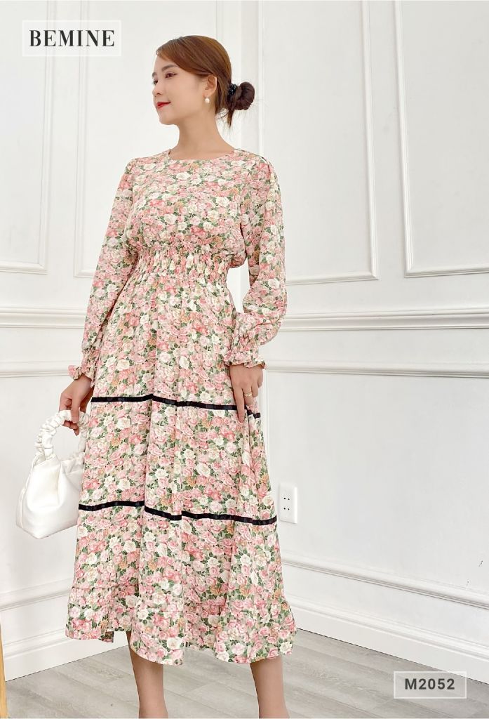 M2052HONG - Đầm xòe tay lỡ phối ren