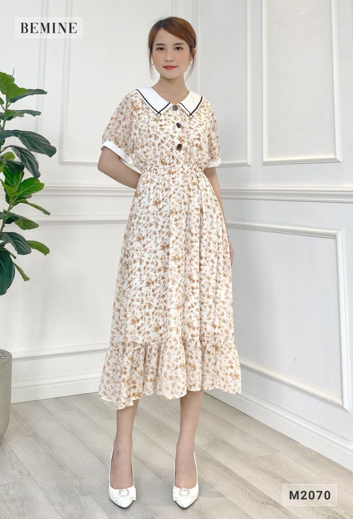 M2070TRANG - Đầm hoa xòe nhúng eo nút dọc