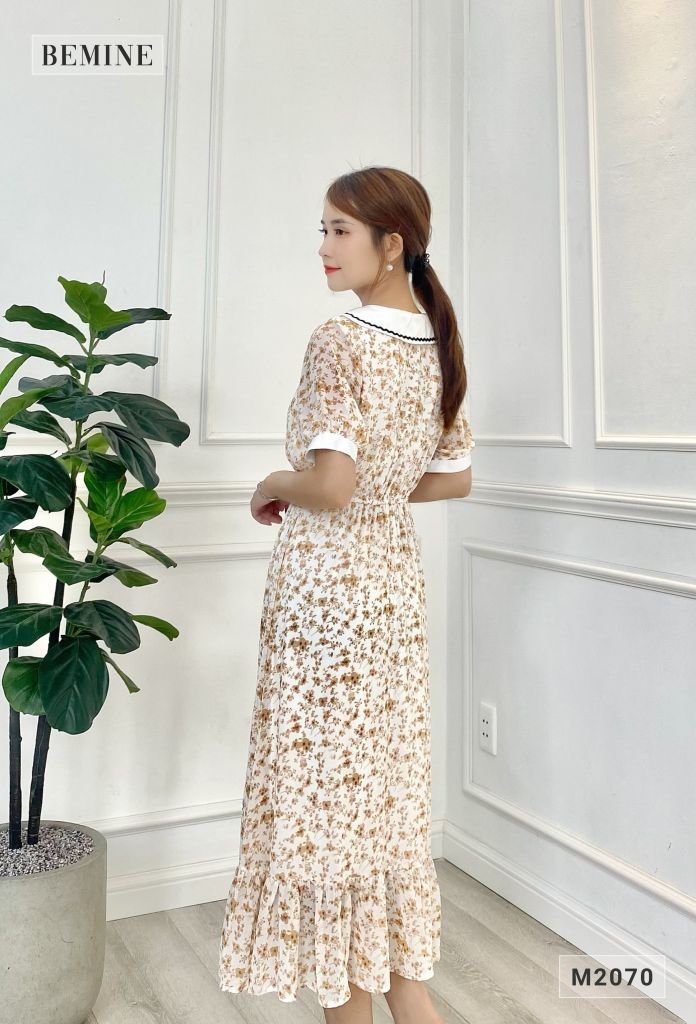 M2070TRANG - Đầm hoa xòe nhúng eo nút dọc