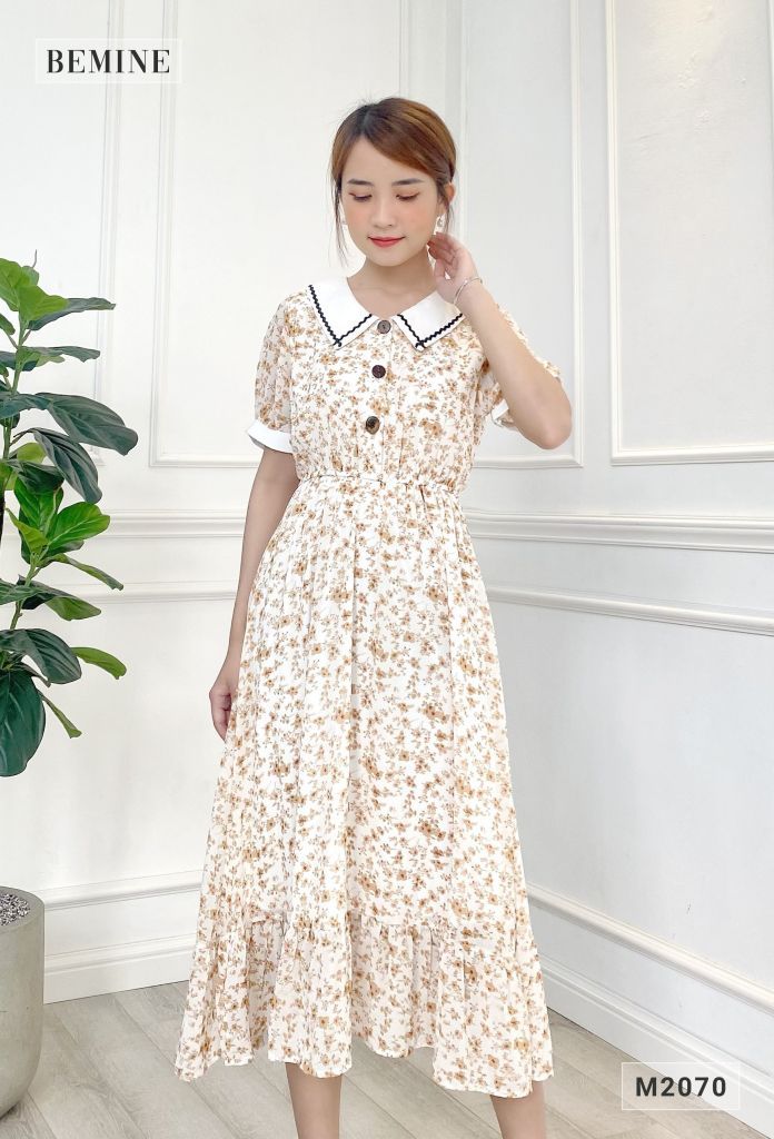 M2070TRANG - Đầm hoa xòe nhúng eo nút dọc