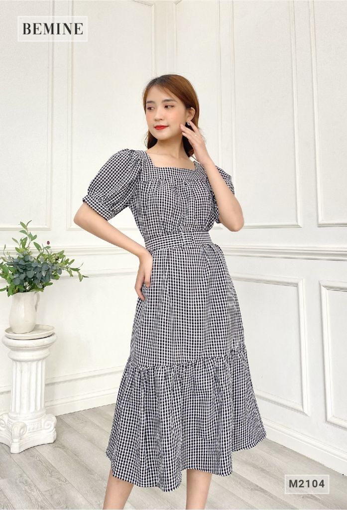 M2104ĐEN - Đầm caro đuôi cá thắt đai eo