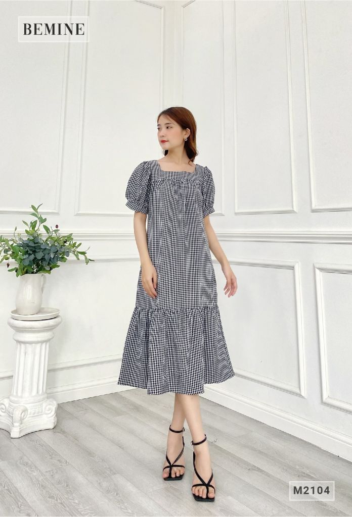 M2104ĐEN - Đầm caro đuôi cá thắt đai eo