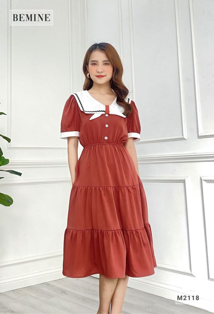 M2118CAM - Đầm tầng cổ phối nơ trắng