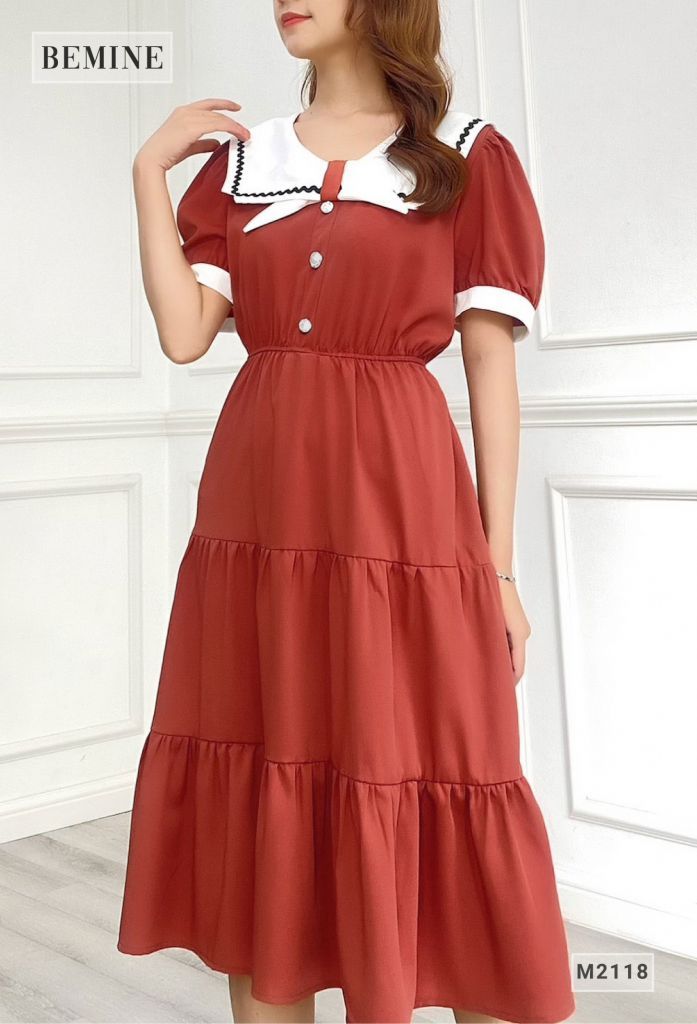 M2118CAM - Đầm tầng cổ phối nơ trắng