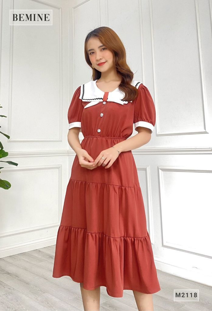 M2118CAM - Đầm tầng cổ phối nơ trắng