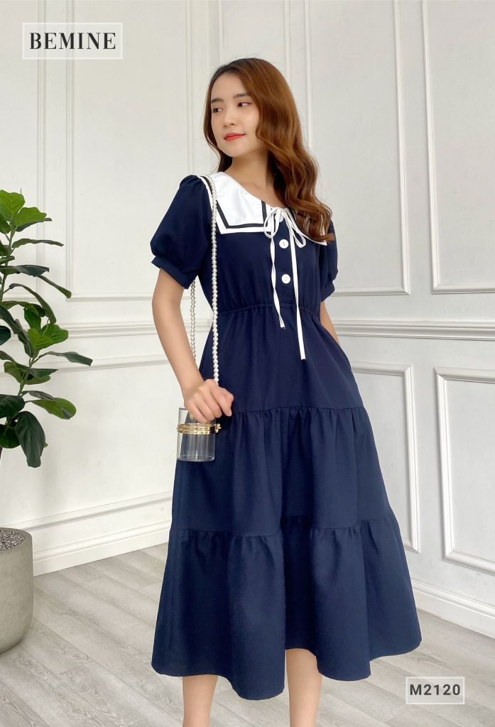 M2120XANHDEN - Đầm xếp li 3 tầng cổ phối trắng