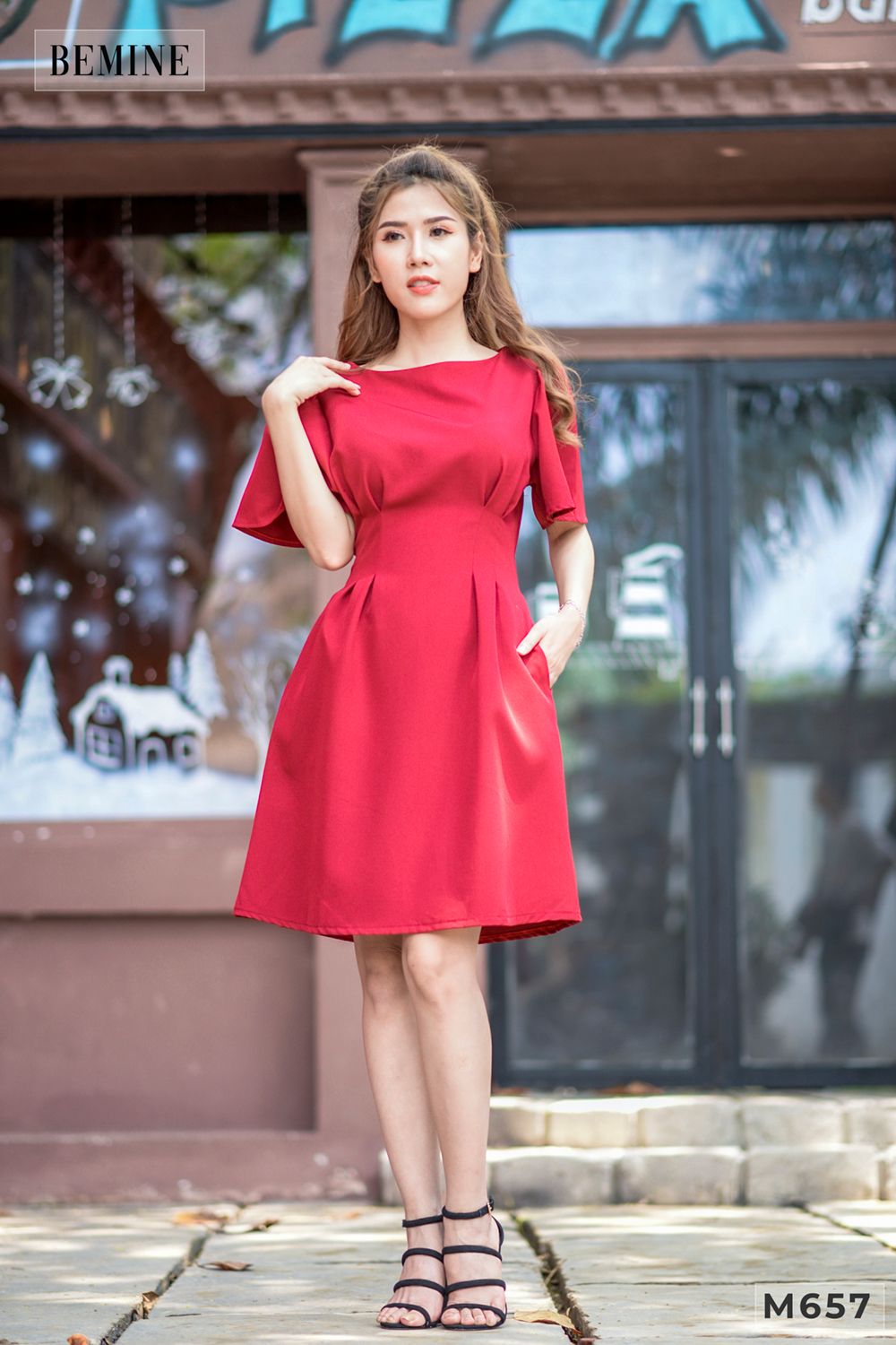 M657 - Đầm chích ben eo cột nơ - Đỏ
