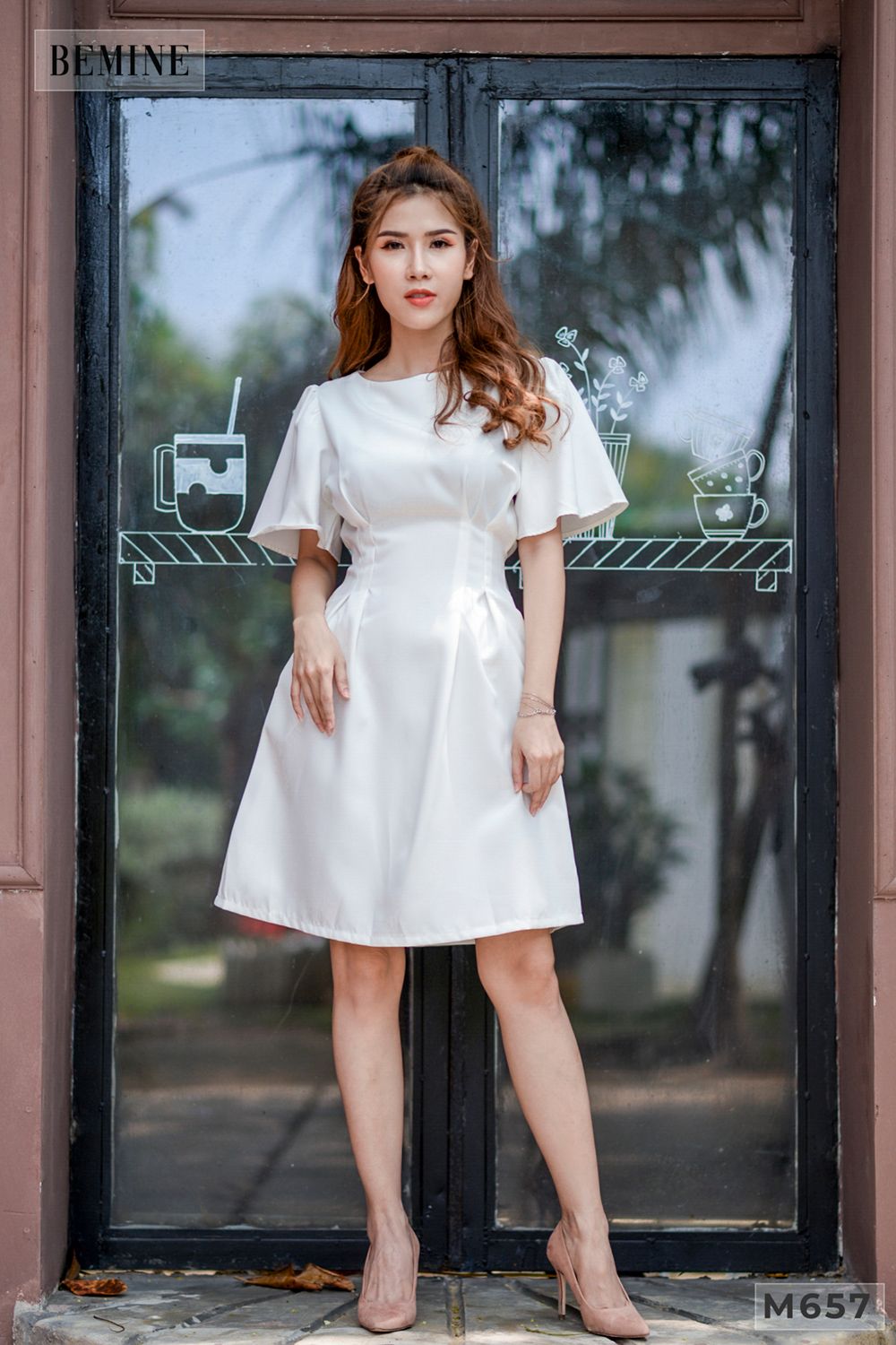 M657 - Đầm chích ben eo cột nơ - Trắng