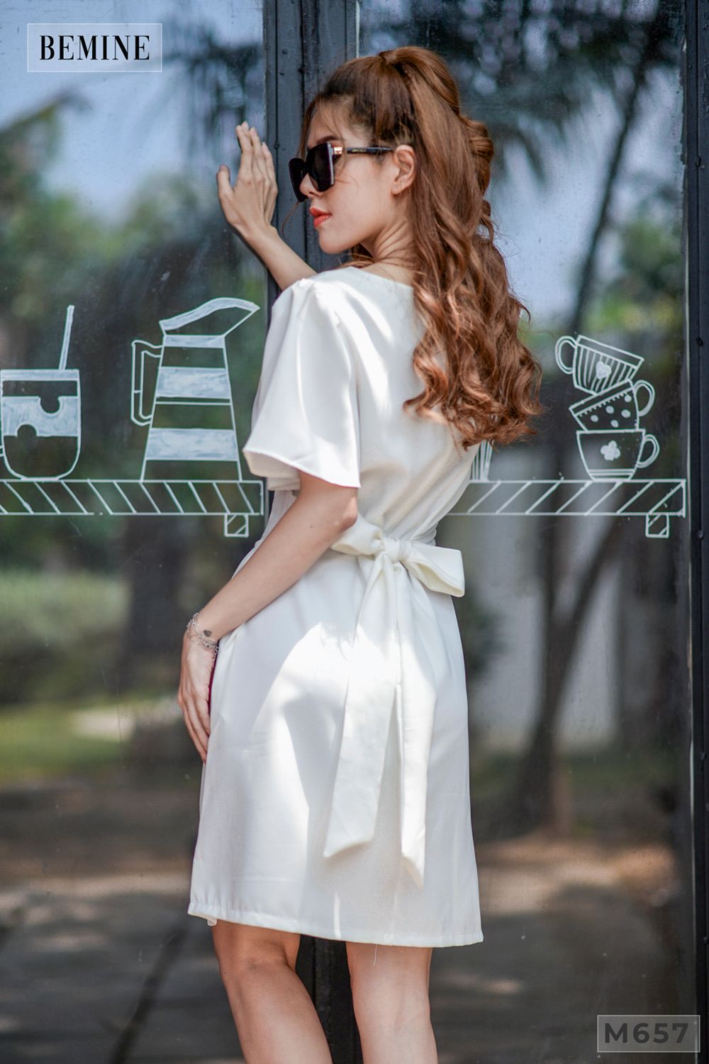 M657 - Đầm chích ben eo cột nơ - Trắng
