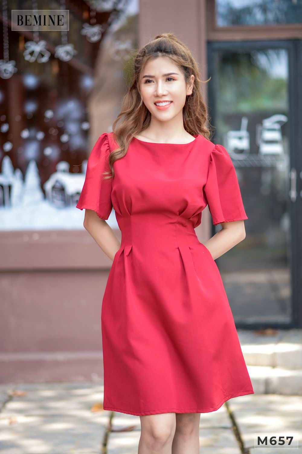 M657 - Đầm chích ben eo cột nơ - Đỏ