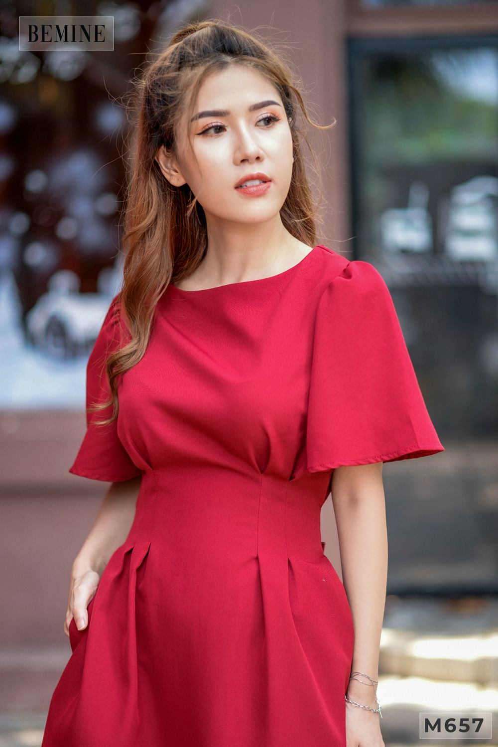 M657 - Đầm chích ben eo cột nơ - Đỏ