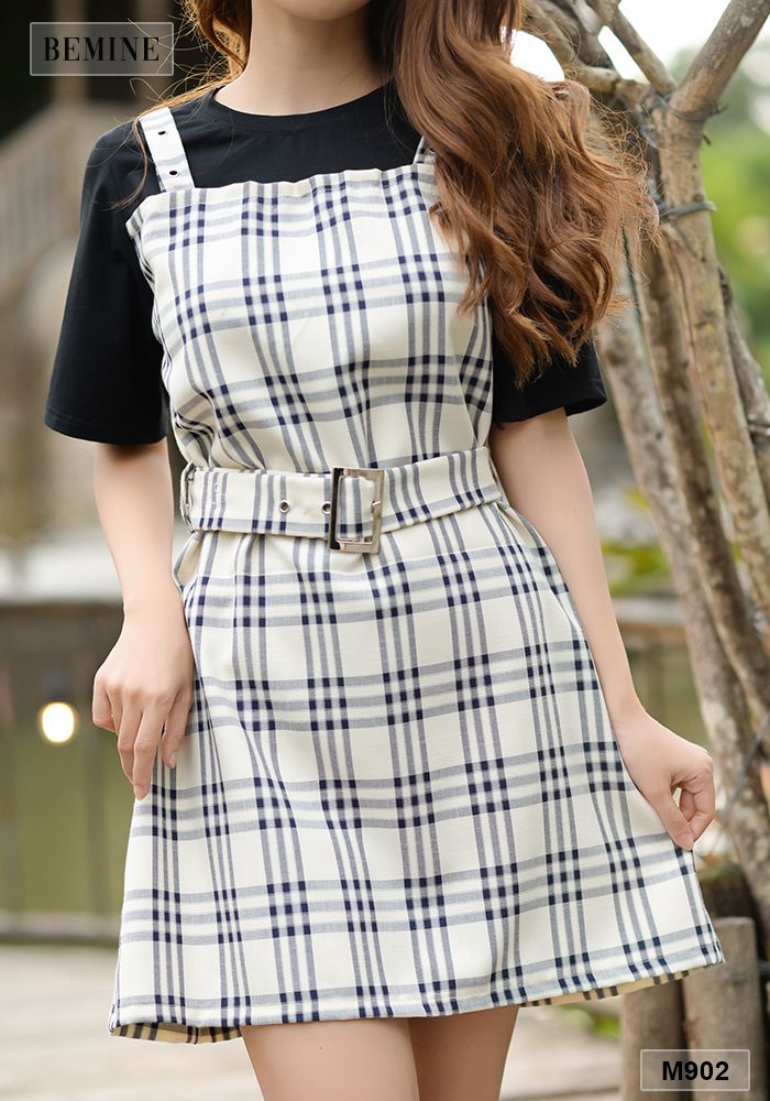 M902DA - Đầm caro phối thun đen tap nịch