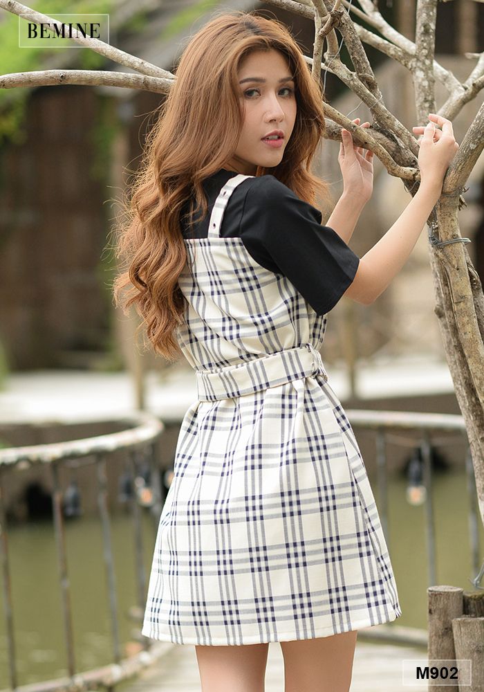 M902DA - Đầm caro phối thun đen tap nịch