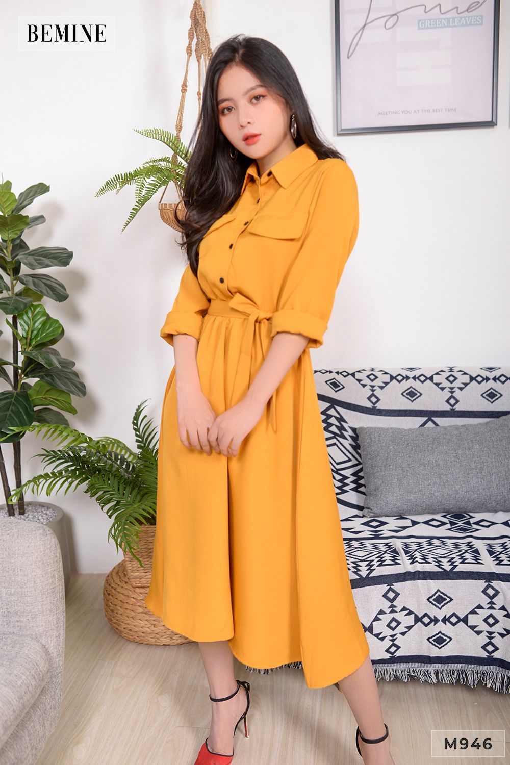 M946VANG - Đầm sơ mi 2 túi giả thun eo