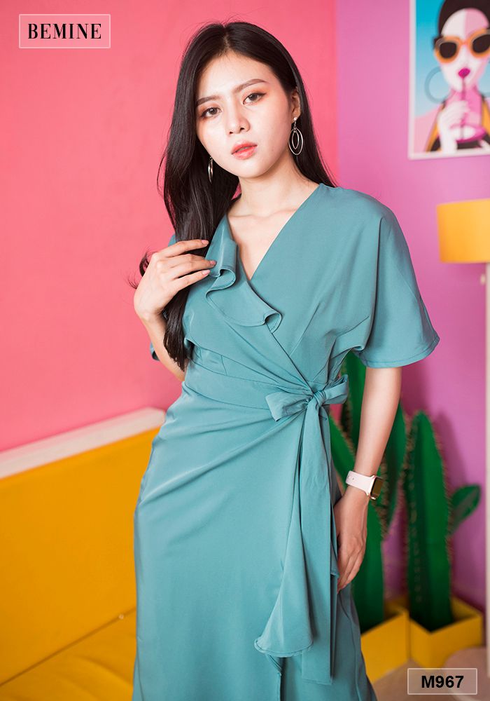 MT967XANH - Đầm bèo tùng bèo ngực cột dây eo