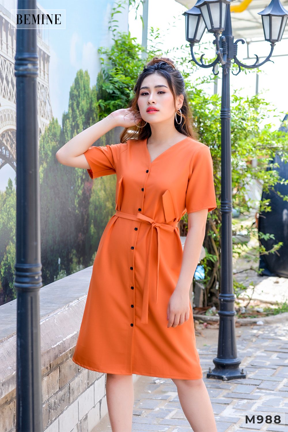 M988CAM - Đầm cam 2 túi cột eo