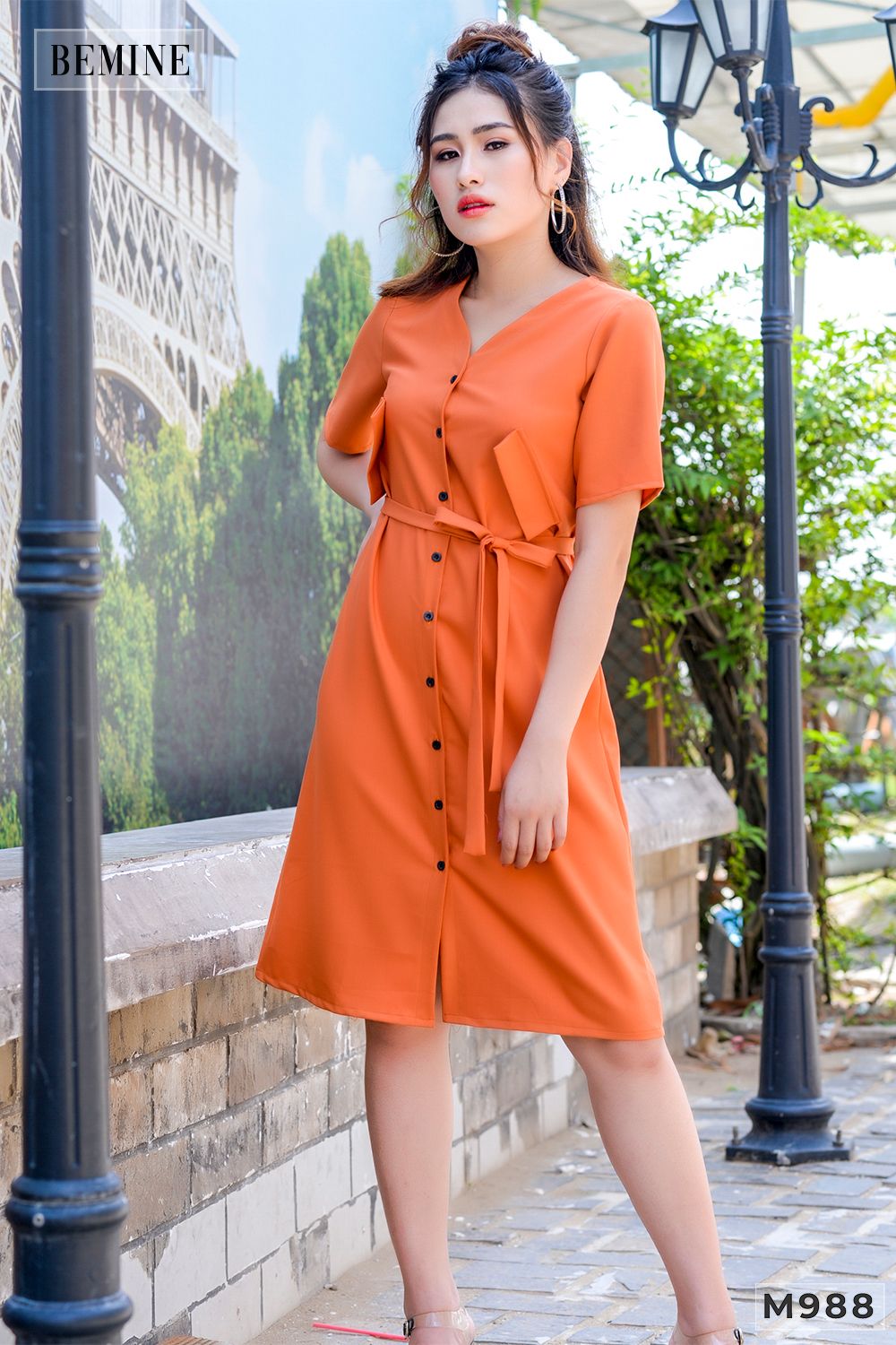 M988CAM - Đầm cam 2 túi cột eo