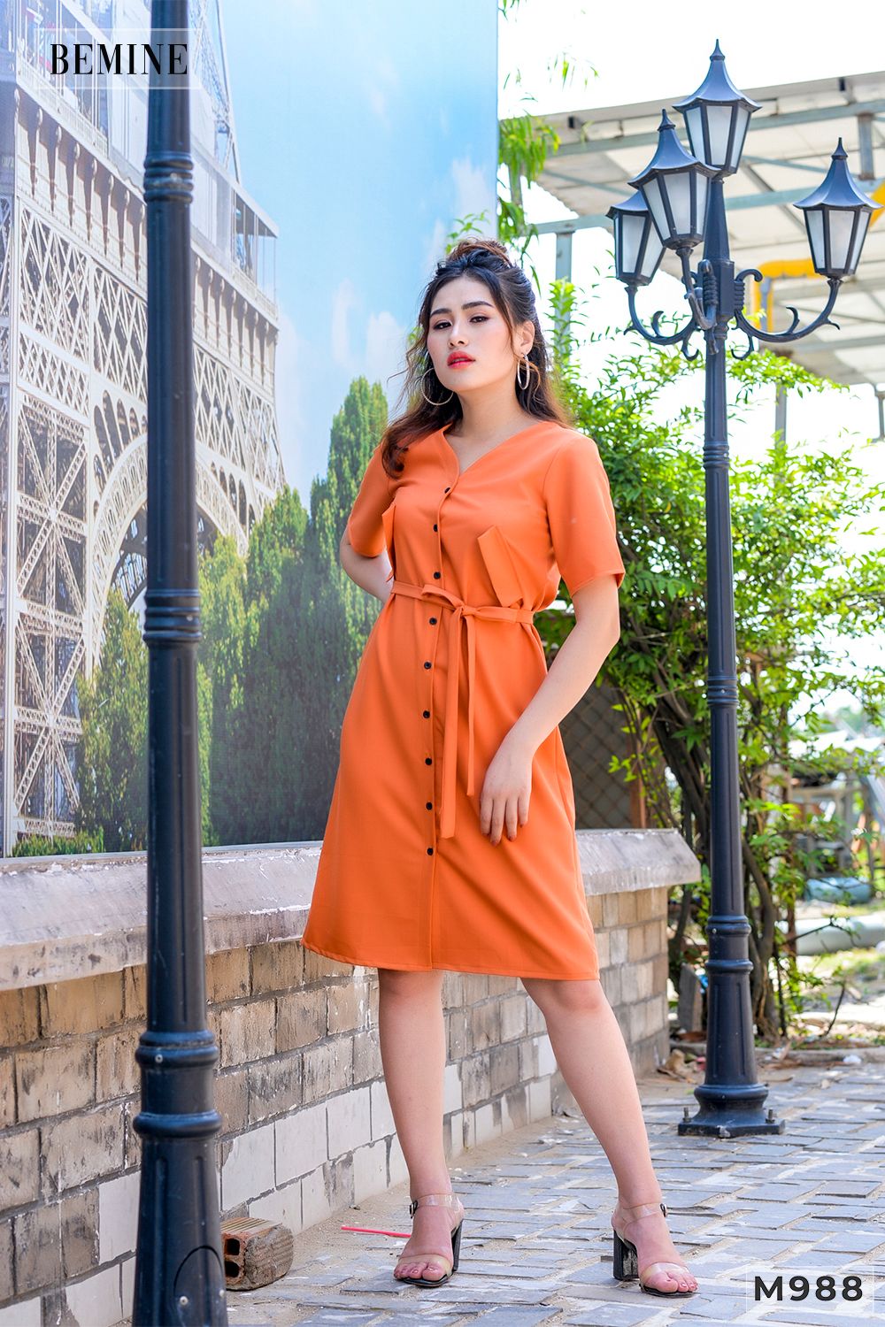 M988CAM - Đầm cam 2 túi cột eo