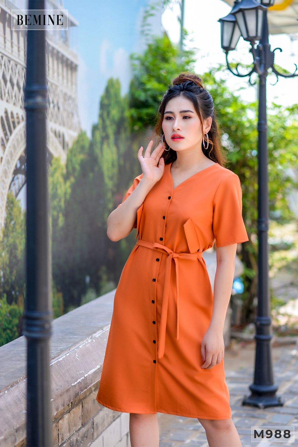 M988CAM - Đầm cam 2 túi cột eo