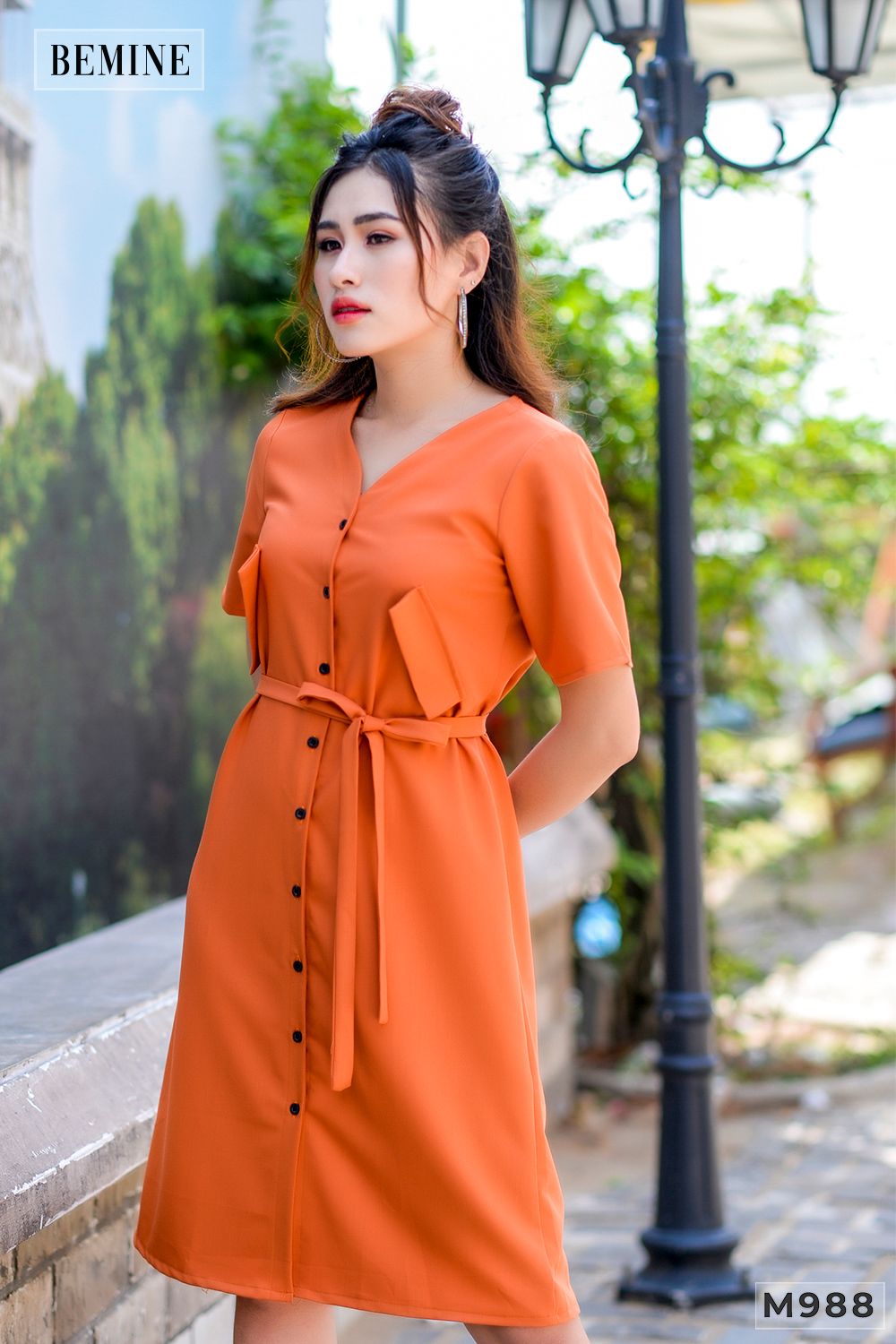 M988CAM - Đầm cam 2 túi cột eo