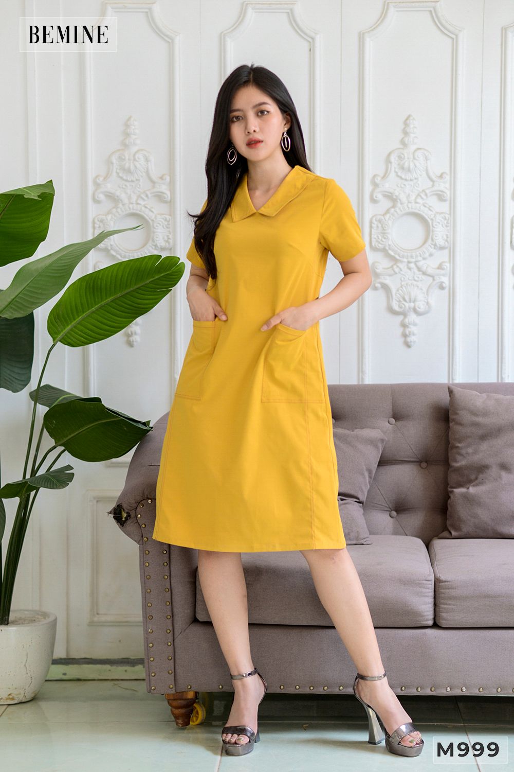 M999VANG - Đầm babydoll cúc đính bên sườn