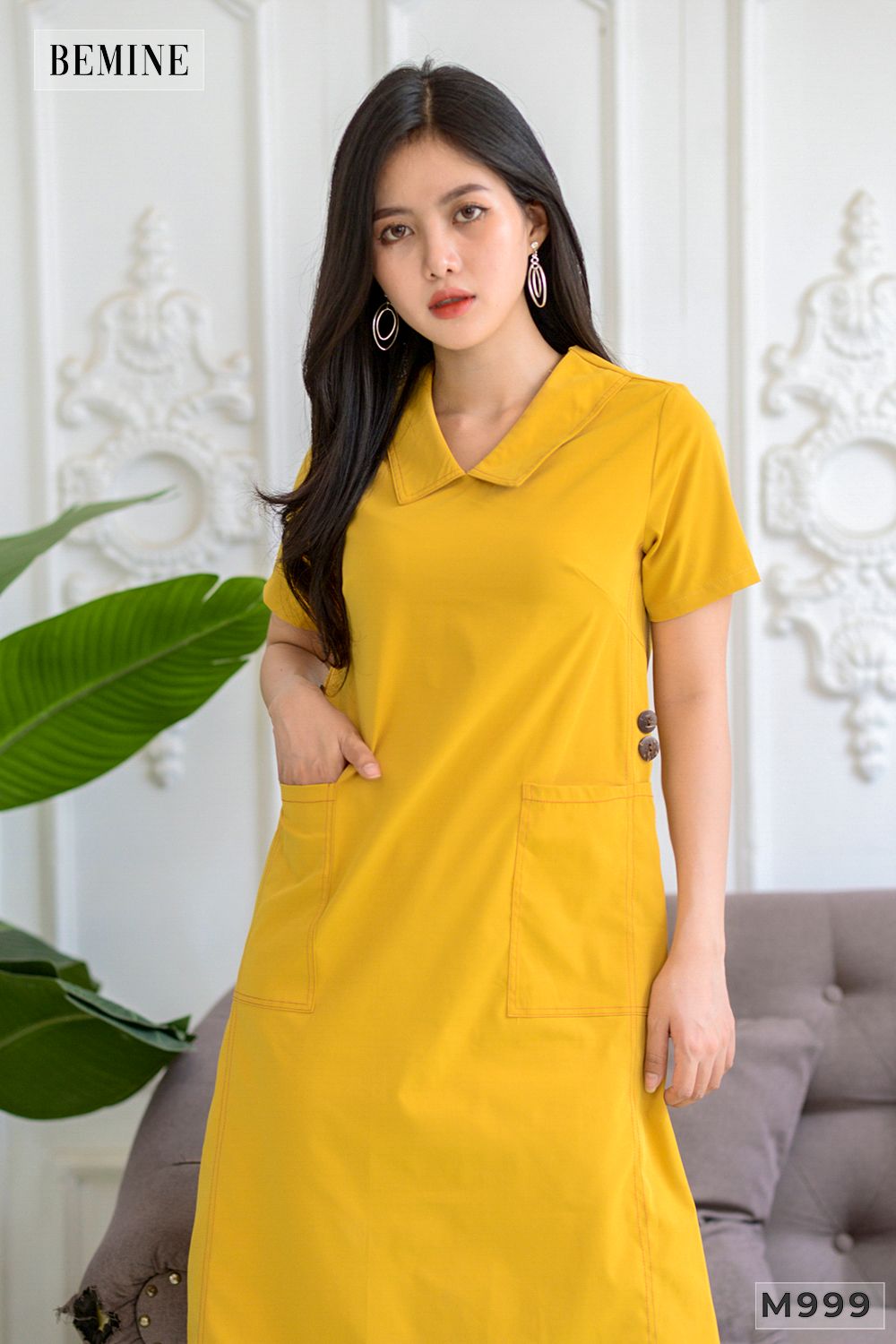 M999VANG - Đầm babydoll cúc đính bên sườn