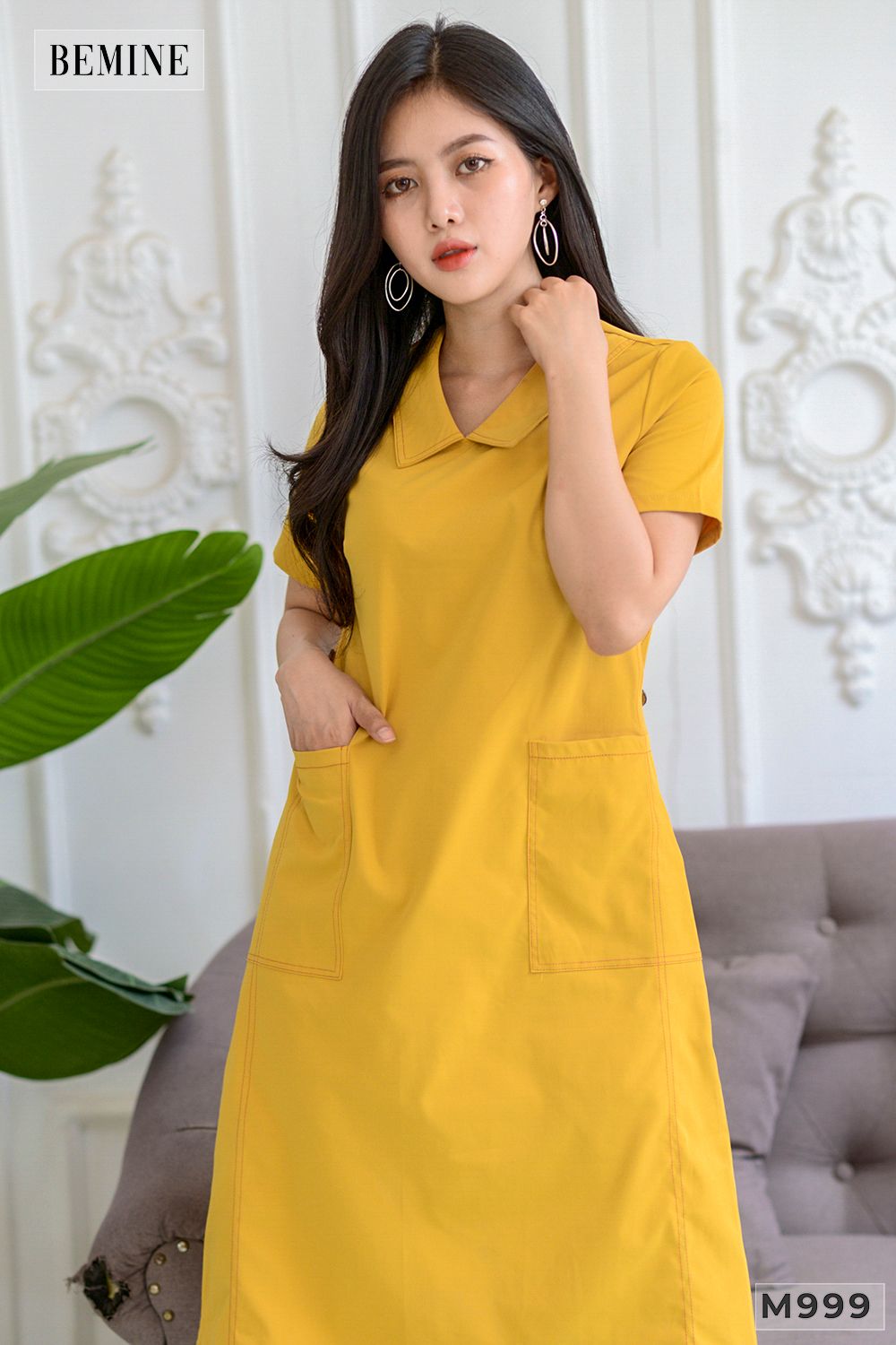 M999VANG - Đầm babydoll cúc đính bên sườn