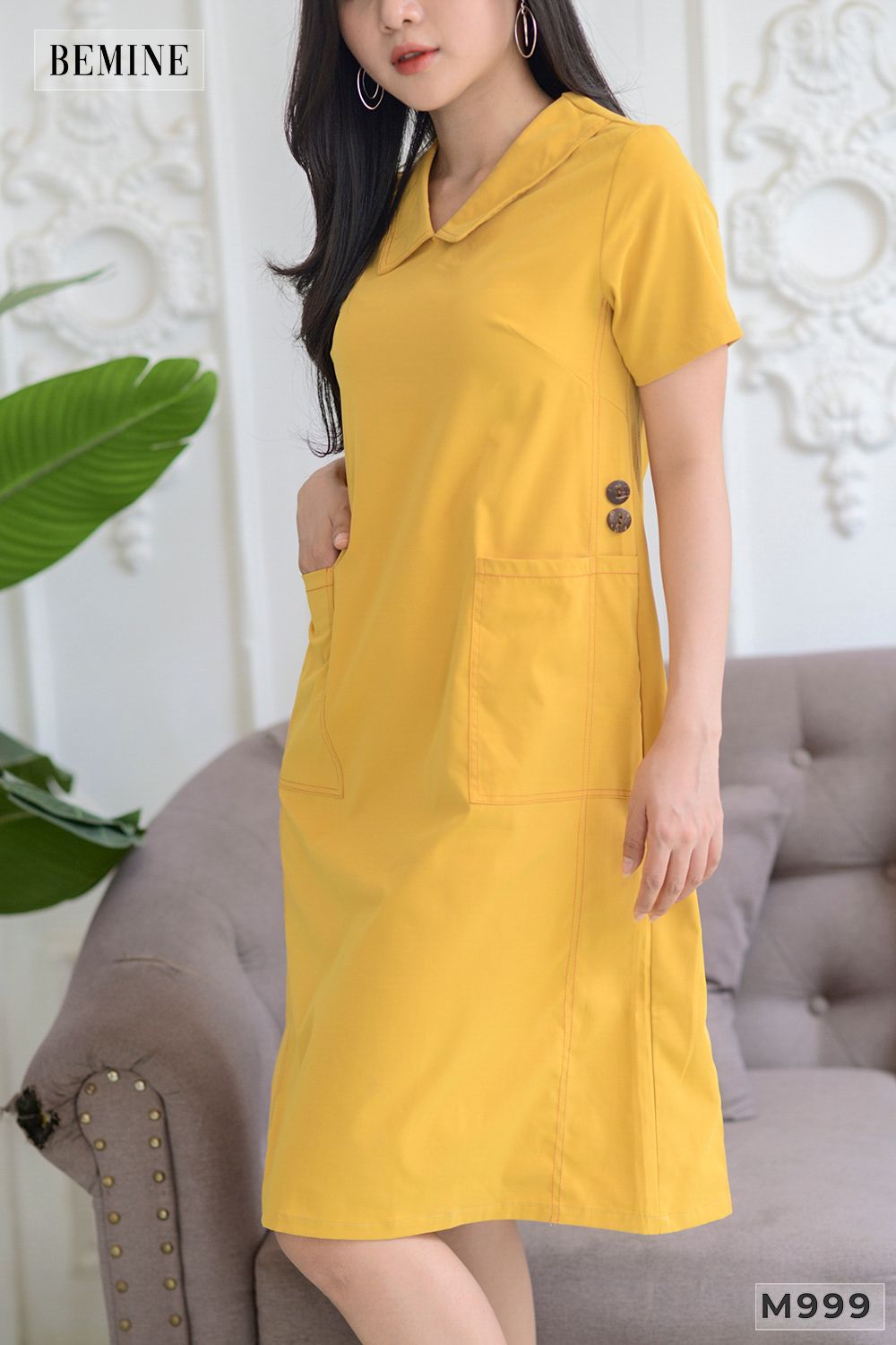 M999VANG - Đầm babydoll cúc đính bên sườn